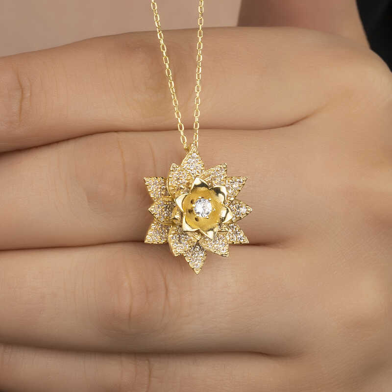 Necklace - Gold-Tone Cubic Zirconia Lotus Flower Pendant