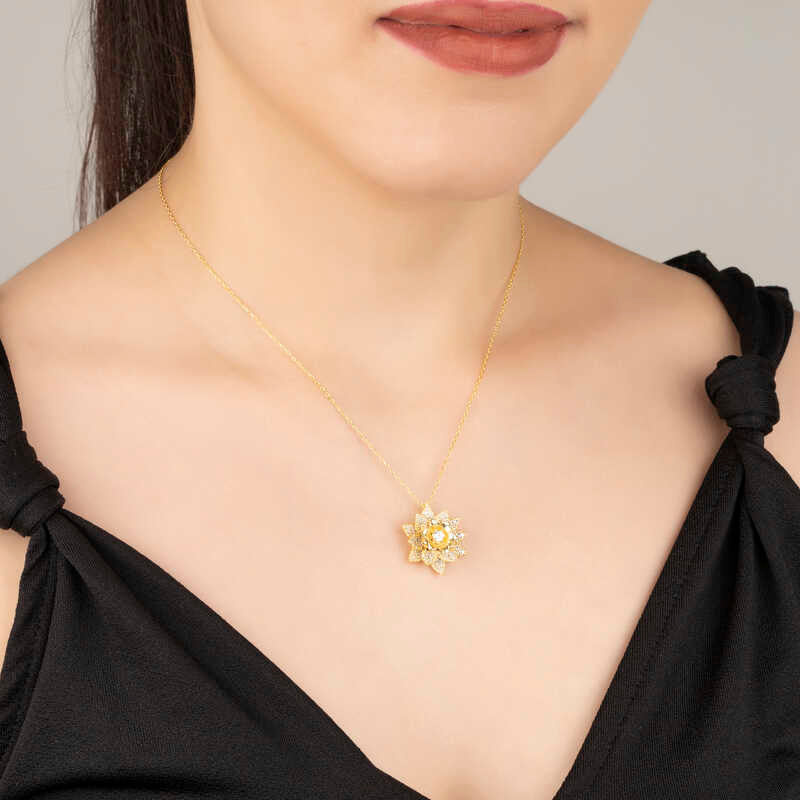 Necklace - Gold-Tone Cubic Zirconia Lotus Flower Pendant