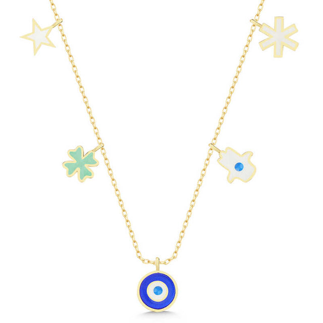 Gold-Tone Enamel Lucky Charm Necklace - Evil Eye & Hamsa Hand