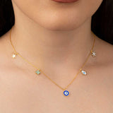 Gold-Tone Enamel Lucky Charm Necklace - Evil Eye & Hamsa Hand