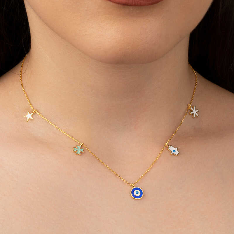 Gold-Tone Enamel Lucky Charm Necklace - Evil Eye & Hamsa Hand