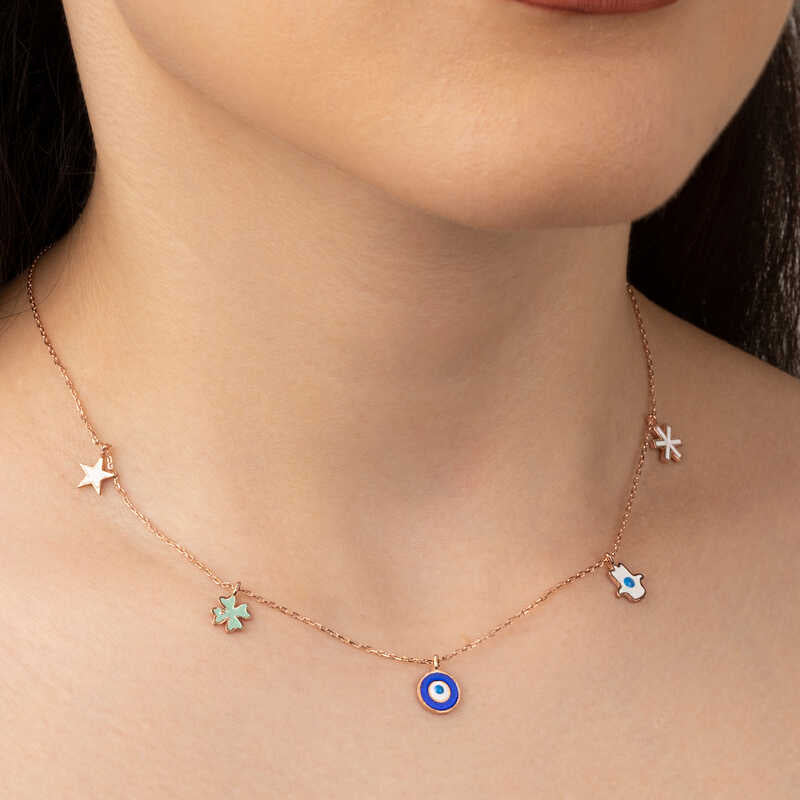 Necklace - Rose Gold Tone Multi-Charm Lucky Amulet