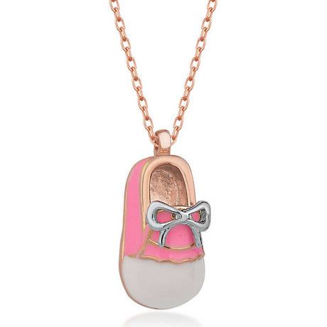 Rose Gold Plated Sterling Silver Baby Shoe Necklace - Enamel & Bow