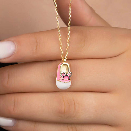 Gold-Tone Baby Shoe Charm Necklace - Pink Enamel & Dainty Bow