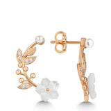 Rose Gold Tone Stud Earrings - Elegant Pearl & Mother-of-Pearl Floral Vine