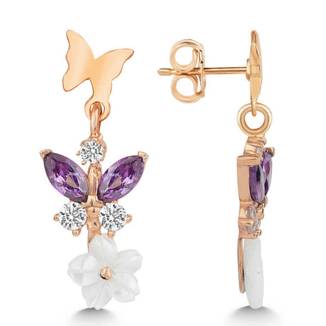 Rose Gold Plated Sterling Silver - Amethyst & Mother-of-Pearl Dangle Earrings