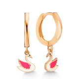 Dangle Hoop Earrings - Rose Gold-Tone Enamel Swan Charm
