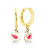 Gold-Tone Swan Dangle Hoop Earrings - Enamel Charm Design