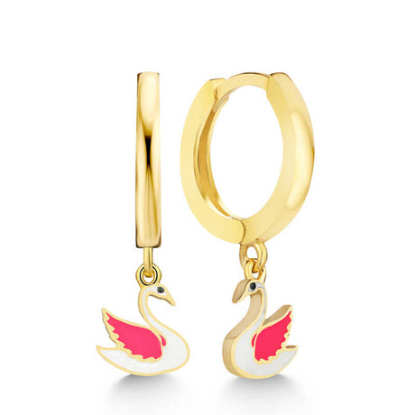 Gold-Tone Swan Dangle Hoop Earrings - Enamel Charm Design