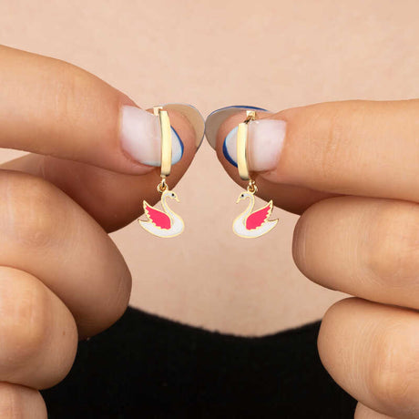Gold-Tone Swan Dangle Hoop Earrings - Enamel Charm Design