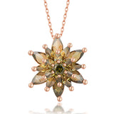 Necklace - Rose Gold Tone Lotus Flower Pendant with Olive & Brown Gemstones