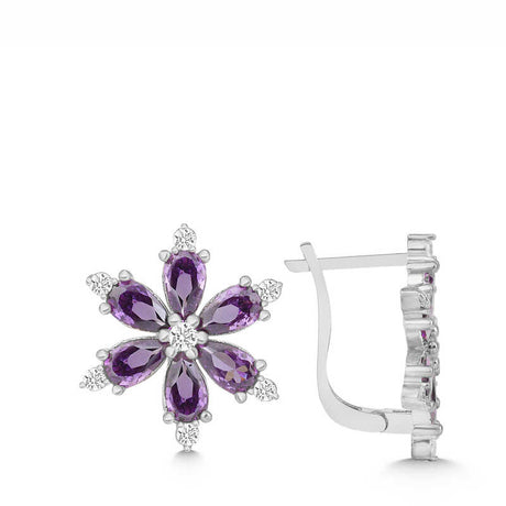 Sterling Silver Amethyst & CZ Flower Huggie Earrings
