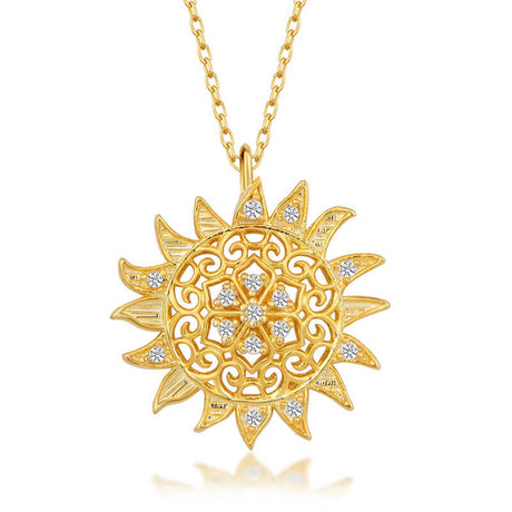 Gold Plated Silver Sun Necklace - Dainty Filigree with Clear Stones