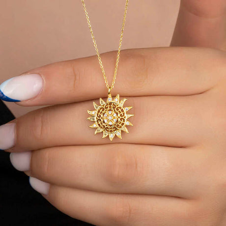 Gold Plated Silver Sun Necklace - Dainty Filigree with Clear Stones