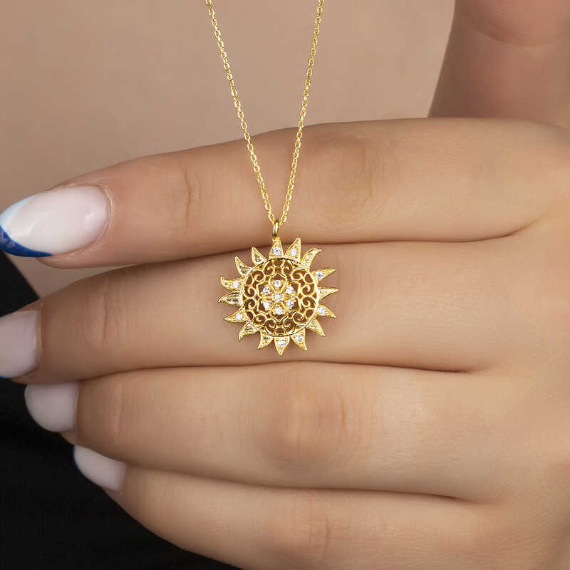 Gold Plated Silver Sun Necklace - Dainty Filigree with Clear Stones