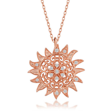 Necklace - Rose Gold Plated Sun Filigree with Sparkling Clear Stones