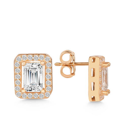 Stud Earrings - Rose Gold Tone Emerald Cut Halo Dazzling