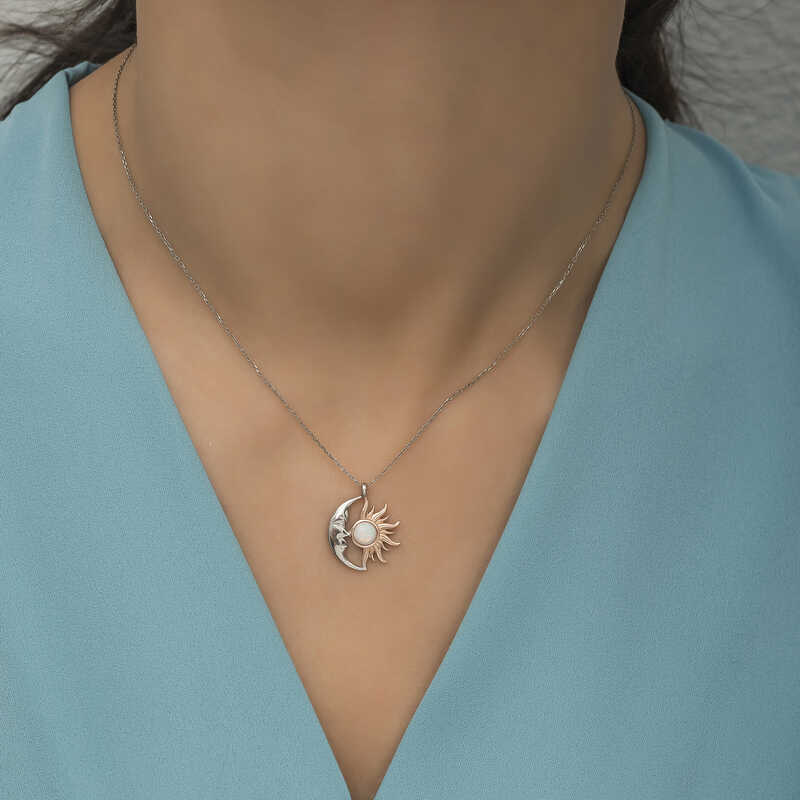 Celestial Moon Sun Necklace - Silver & Rose Gold-Tone Opal Stone