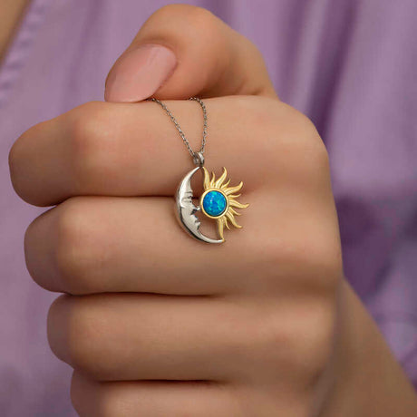 Celestial Sun & Moon Necklace - Sterling Silver & Gold-Tone with Blue Opal