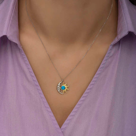Celestial Sun & Moon Necklace - Sterling Silver & Gold-Tone with Blue Opal