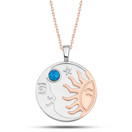 Celestial Sun Moon Necklace - Sterling Silver & Rose Gold with Blue Opal