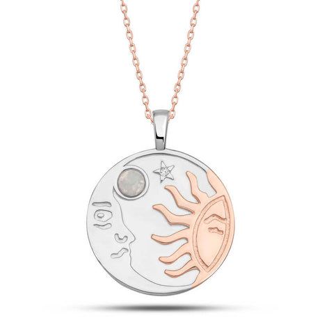 Celestial Moon & Sun Necklace - Sterling Silver Rose Gold-Tone Opal