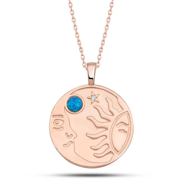Necklace - Rose Gold Plated Opal Moon Sun Celestial Design