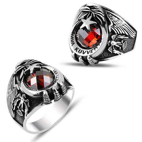 Premium Silver Crescent Star Air Force Mens Ring with Red Stone