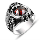 Premium Silver Crescent Star Air Force Mens Ring with Red Stone