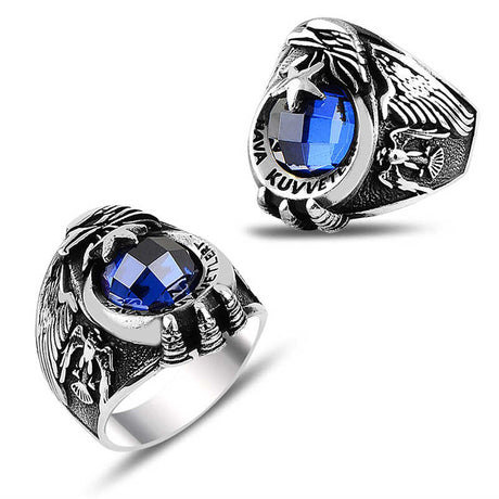 Premium Men's Silver Air Force Crescent Star Blue Stone Ring