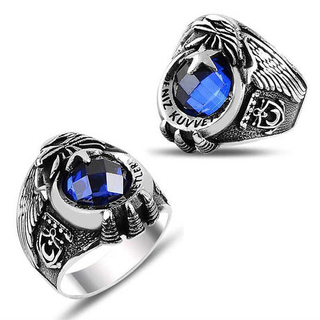 Premium Men's Silver Crescent Star Navy Ring with Blue Stone