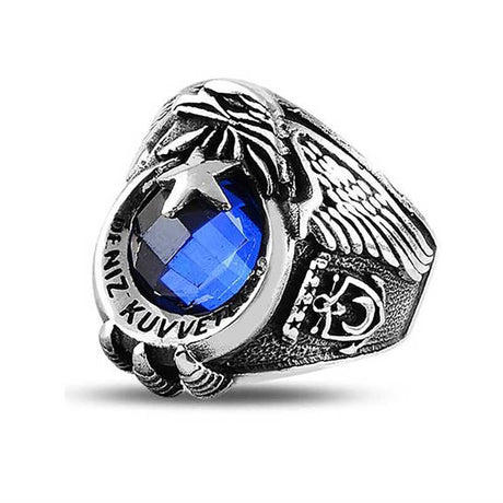 Premium Men's Silver Crescent Star Navy Ring with Blue Stone