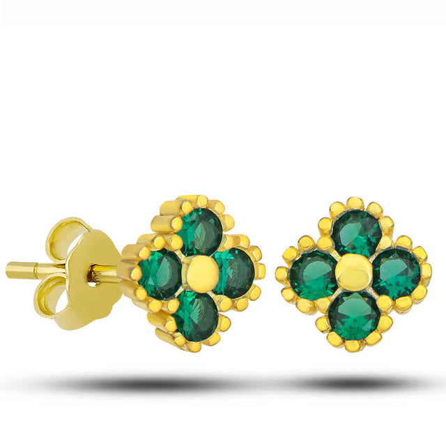 Delicate Gold-Tone Green Gemstone Clover Stud Earrings