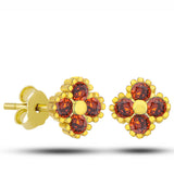 Gold-Tone Stud Earrings - Elegant Red Stone Clover Flower Design