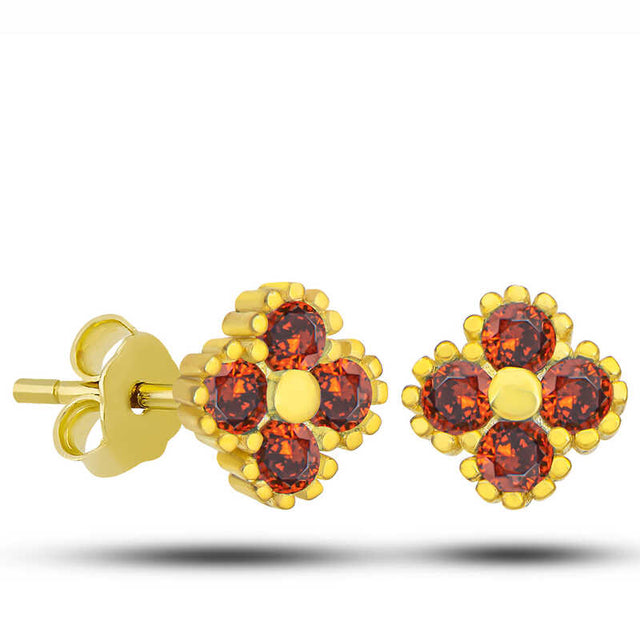 Gold-Tone Stud Earrings - Elegant Red Stone Clover Flower Design