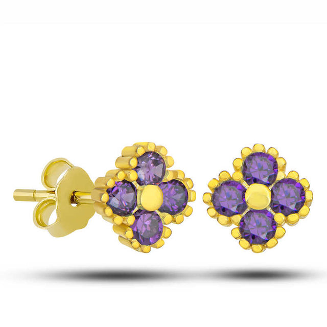 Gold-Plated Silver Clover Stud Earrings with Purple Zircon