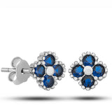Blue Gemstone Clover Stud Earrings - Sterling Silver Cluster