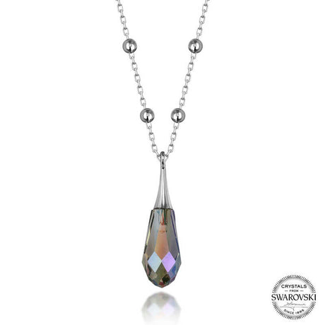 Sterling Silver Beaded Chain Necklace - Swarovski Crystal Iridescent Teardrop Pendant