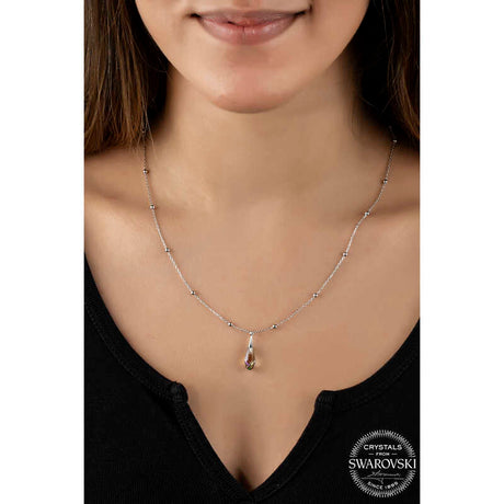 Sterling Silver Beaded Chain Necklace - Swarovski Crystal Iridescent Teardrop Pendant