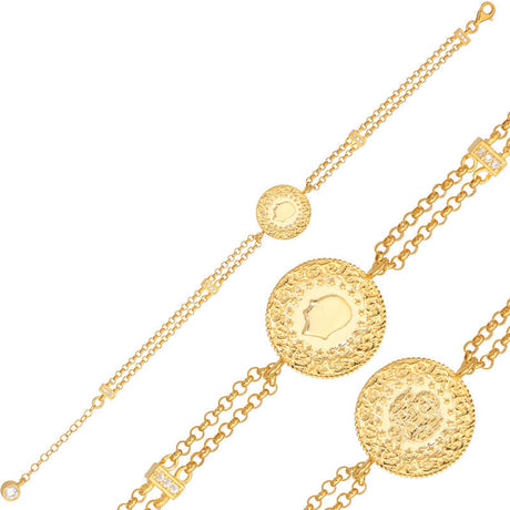 Bracelet - Gold-Plated Silver Turkish Coin Charm with Zirconia Accents