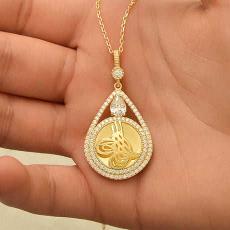 Gold Plated Silver Teardrop Tughra Necklace - Cubic Zirconia Statement Pendant