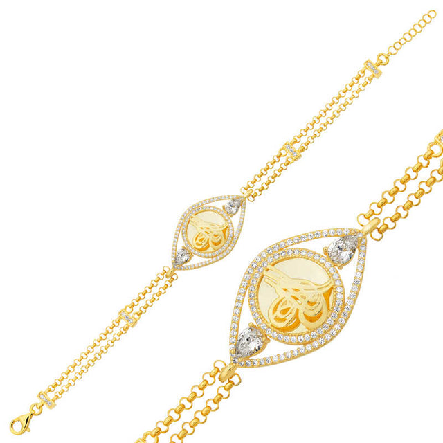 Gold Plated Tughra Bracelet - Elegant Cubic Zirconia Statement Piece