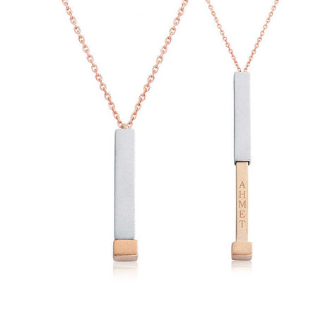 Two-Tone Engravable Bar Pendant Necklace - Rose Gold & Silver Tone