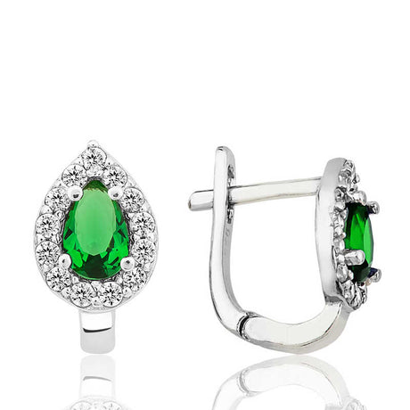 Earrings - Silver-Tone Teardrop Green Stone Halo