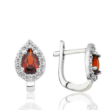 Sterling Silver Red Teardrop Stone Halo Drop Earrings for Women