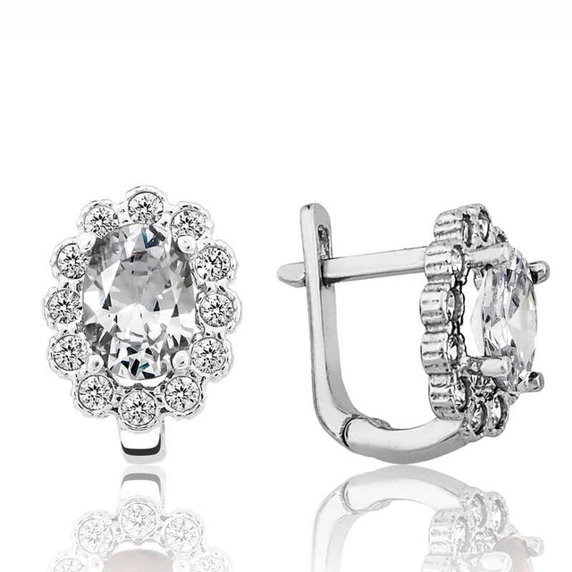Sterling Silver Leverback Earrings - Floral Halo Cubic Zirconia