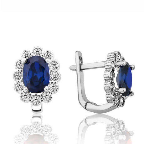 Silver-Tone Oval Sapphire Halo Lever-Back Earrings