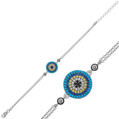 Sterling Silver Evil Eye Bracelet - Sparkling Colorful Zircon Design