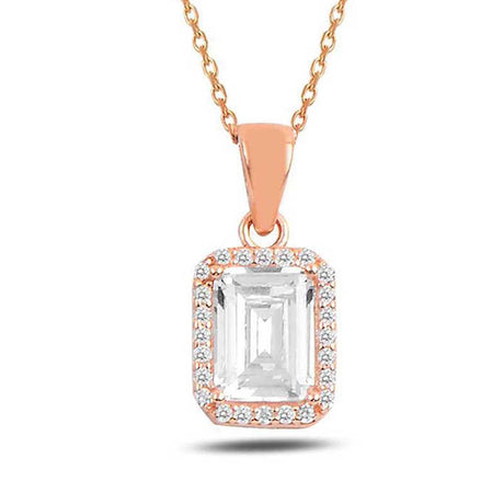 Rose Gold Plated Necklace - Emerald Cut Zirconia Halo Pendant