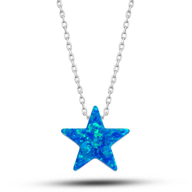 Sterling Silver Necklace - Dainty Blue Opal Star Pendant